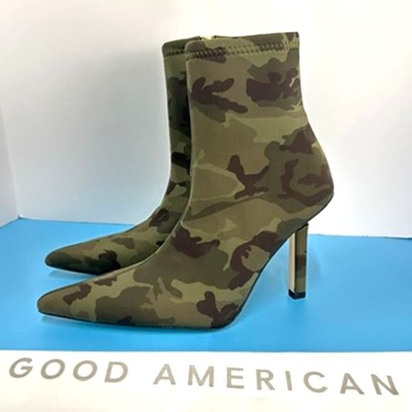 Good American Camo Ankle 3.75" Heel Boots Size 6.5 Green Neoprene Point GA116N-X - Picture 1 of 11